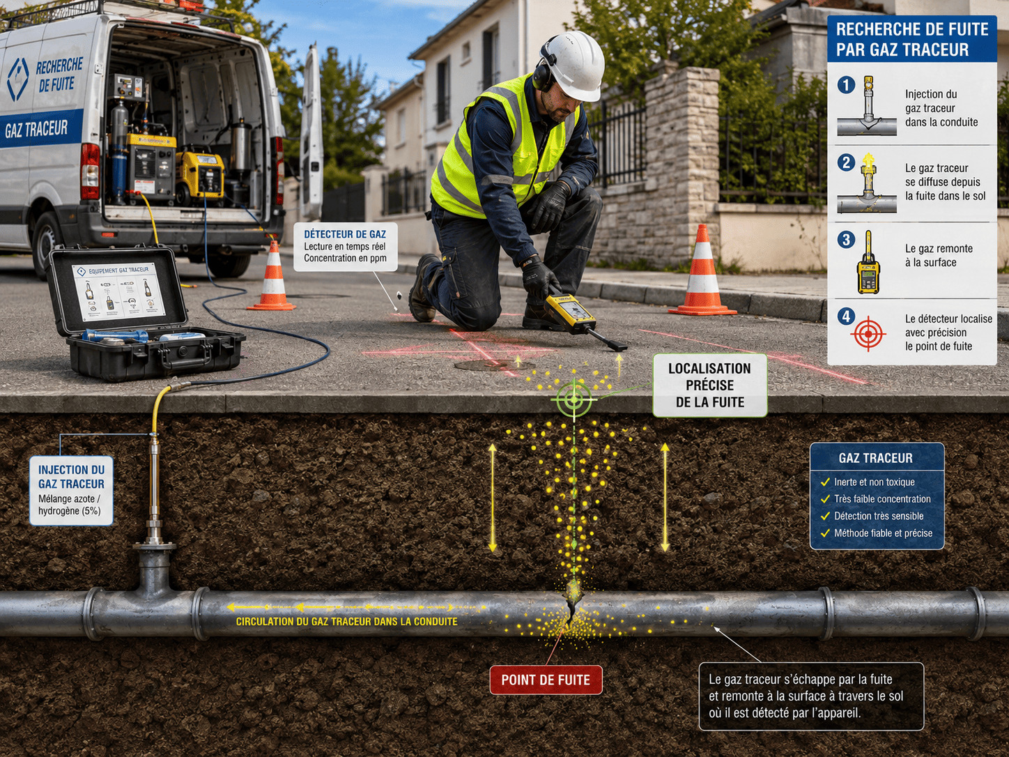 Technicien utilisant un équipement de détection de fuite au gaz traceur